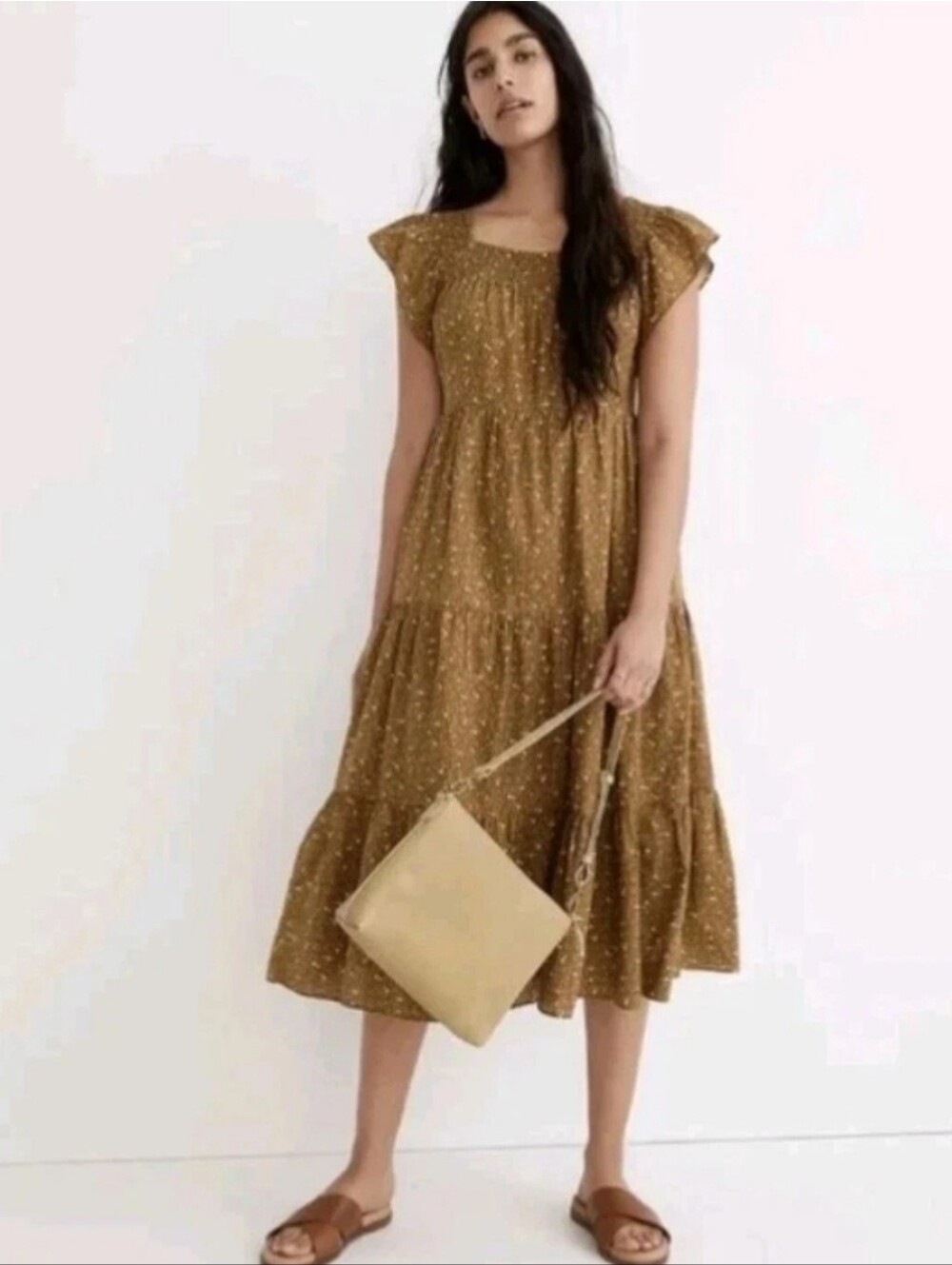 Gold Floral Smocked Square Neck Ruffle Sleeve Lined Midi Dress Women’s Large